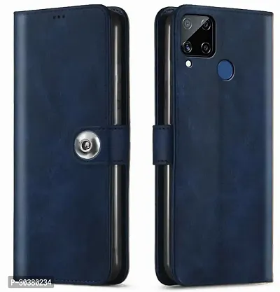 Coverblack Magnetic Case Artificial Leather,Rubber Flip Cover For Realme C15Blue