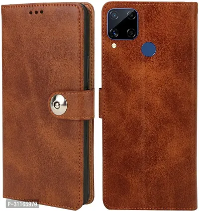 Classy Hybrid Tpu Artificial Leather Flip Cover For RealmeC15 Qua EdiBrown-thumb0