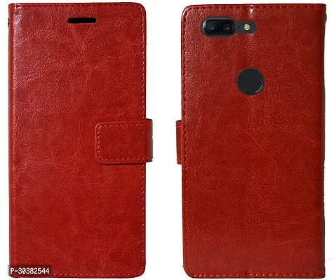 Coverblack Dual Protection Artificial Leather,Rubber Flip Cover For Oneplus A5010 , One+ 5TVintage Red-thumb2