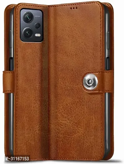 Classy Dual Protection Artificial Leather,Rubber Flip Cover For Redmi Note 12 5GExecutive Brown-thumb0