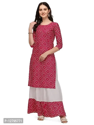 OXIT CLASS Women's Bandhani Print Pure Rayon 3/4 Sleeve Round?Neck Kurta with Sharara Set [Rani] -XXL Pink