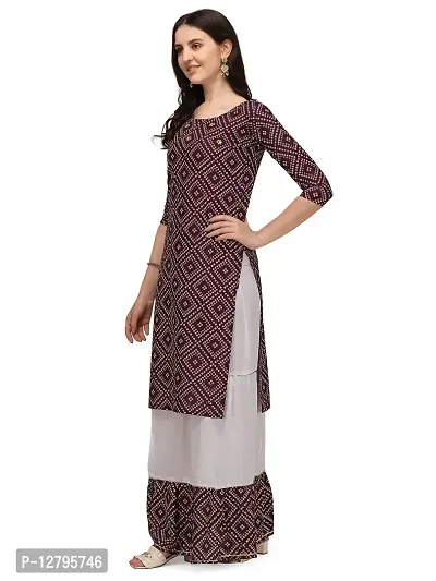 OXIT CLASS Women's Bandhani Print Pure Rayon 3/4 Sleeve Round?Neck Kurta with Sharara Set [Purple]-XL-thumb2