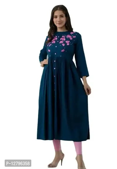 Oxit Class Women Straight Pure Rayon Stitched Embroidered Work Kurti-thumb0