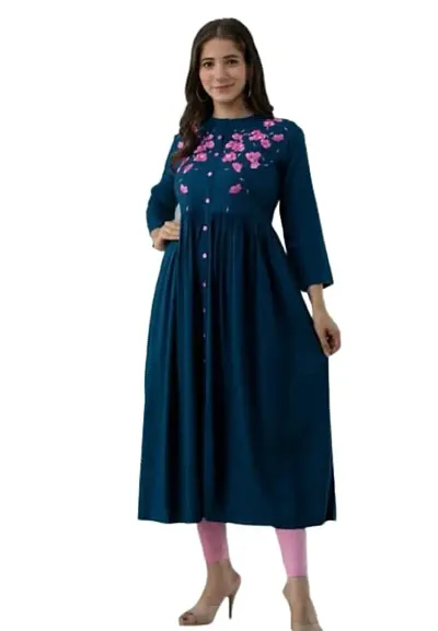 Oxit Class Women Straight Pure Rayon Stitched Embroidered Work Kurti