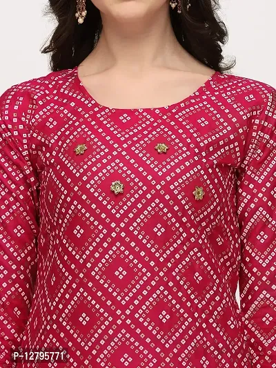 OXIT CLASS Women's Bandhani Print Pure Rayon 3/4 Sleeve Round?Neck Kurta with Sharara Set [Rani] -XXL Pink-thumb4