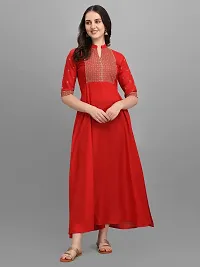 OXIT CLASS Women's Rayon V-Neck A-Line Solid Pattern 3/4 Sleeve Semi-Stitched Gown (Red) Size : XX-Large-thumb2