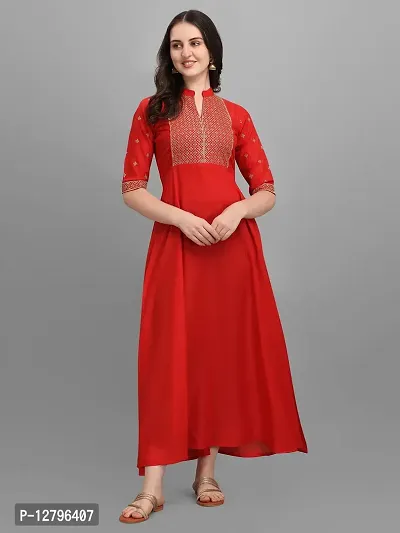 OXIT CLASS Women's Rayon V-Neck A-Line Solid Pattern 3/4 Sleeve Semi-Stitched Gown (Red) Size : XX-Large-thumb3