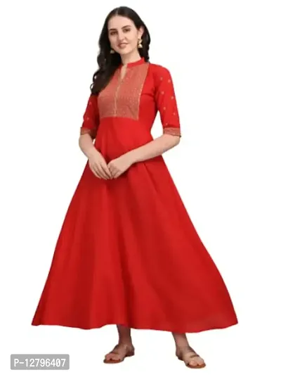OXIT CLASS Women's Rayon V-Neck A-Line Solid Pattern 3/4 Sleeve Semi-Stitched Gown (Red) Size : XX-Large-thumb0