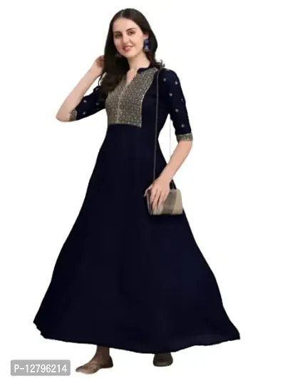 OXIT CLASS Women's Rayon V-Neck A-Line Solid Pattern 3/4 Sleeve Semi-Stitched Gown (Blue) Size : X-Large-thumb0
