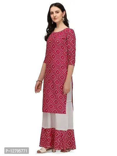 OXIT CLASS Women's Bandhani Print Pure Rayon 3/4 Sleeve Round?Neck Kurta with Sharara Set [Rani] -XXL Pink-thumb2