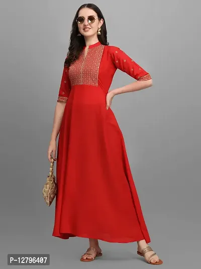 OXIT CLASS Women's Rayon V-Neck A-Line Solid Pattern 3/4 Sleeve Semi-Stitched Gown (Red) Size : XX-Large-thumb4