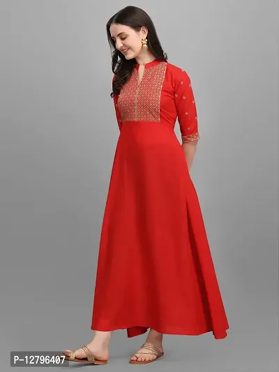 OXIT CLASS Women's Rayon V-Neck A-Line Solid Pattern 3/4 Sleeve Semi-Stitched Gown (Red) Size : XX-Large-thumb5