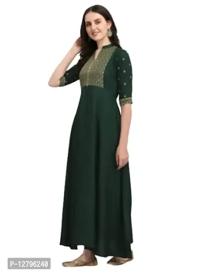 OXIT CLASS Women's Rayon V-Neck A-Line Solid Pattern 3/4 Sleeve Semi-Stitched Gown (Green) Size : X-Large-thumb0