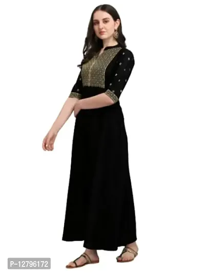 OXIT CLASS Women's Rayon V-Neck A-Line Solid Pattern 3/4 Sleeve Semi-Stitched Gown (Black) Size : X-Large