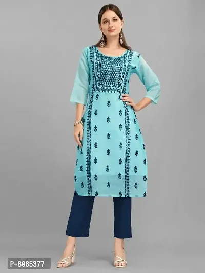 Elegant Turquoise Poly Chanderi Embroidered Kurta For Women-thumb0