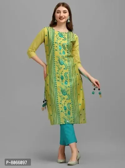 Green Chanderi Cotton Embroidered Kurtas For Women