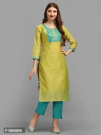 Reliable Green Poly Chanderi Embroidered Kurta For Women