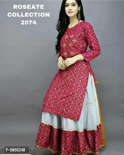 Elegant Pure Rayon Bandhani Print Kurta With Skirt Set For Women-thumb0