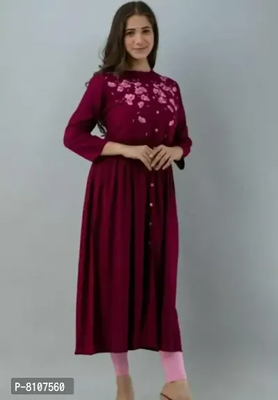 Reliable Wine Rayon Embroidered Kurta For Women-thumb0