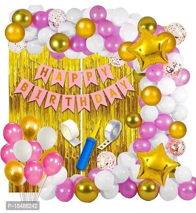 Pink Happy Birthday Decoration Kit for Girls 50pcs Combo Set Banner Golden Foil Curtain Balloon Metallic Confetti Girls Birthday Decoration Items/Kids Birthday Decoration Items