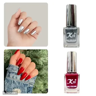 Metallic Finish Silver Dark Red  Nail polish combo