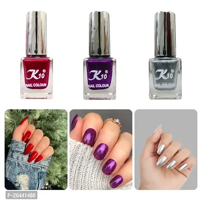 High Shine Long lasting Metallic-Red-Silver-Purple Nail Polish Combo