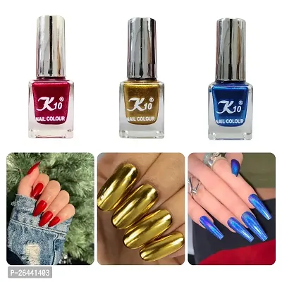 High Shine Long lasting Metallic-Red-Blue-Gold Nail Polish Combo