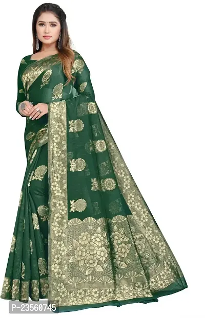 Texonus Women's Jacquard Chanderi Cotton Saree with Unstitched Blouse Piece. (DC-067-AM-BOTTLE GREEN)-thumb0