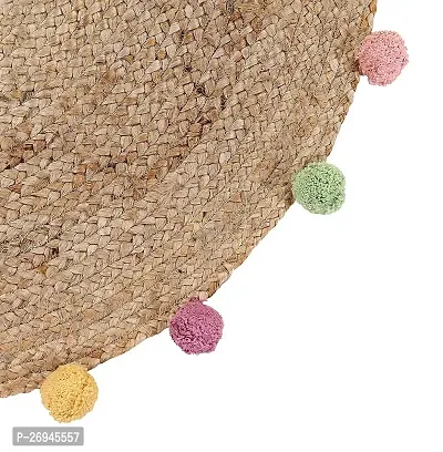 MAHIKA International Jute Round Rug with Multi Colored Pompoms | Rugs for Living Room | Rugs for Bedroom | Size-90CM | Set of 1-thumb2