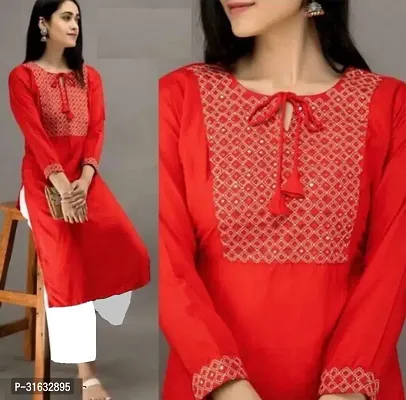 Stylish Red Rayon Embroidered Kurta For Women-thumb0