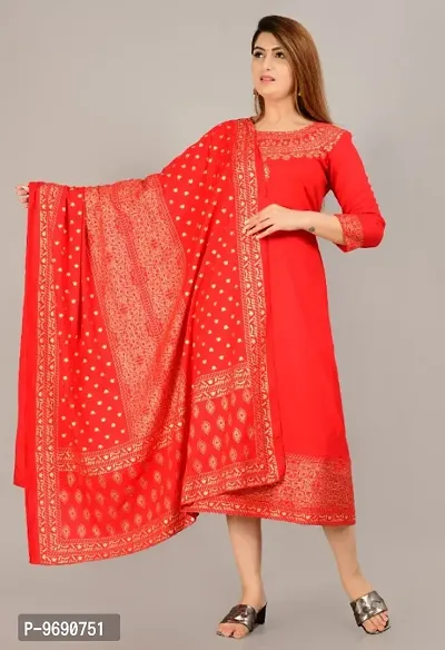 Women Rayon Slub Printed Rajwada Kurta With Dupatta Set