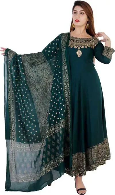 Women's Anarkali Rayon Kurta (Bottle Green_Small)