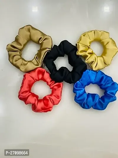 Premium Satin Scrunchies For Women and Girls, Hair Band for Women, Ponytail Holder, Rubber Band, Fluffy Scrunchies, Girls Hair Accessories, Skinny-Size, Pack of 5-thumb0