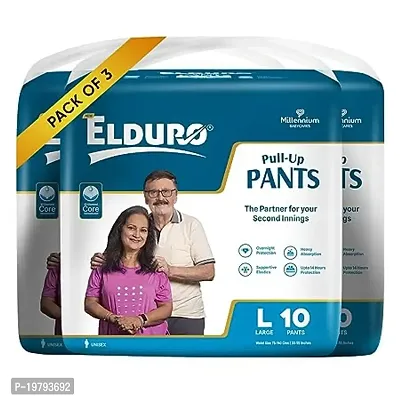 ELDURO Premium Unisex Adult Pant Diapers, Large 101-139 cm (40''-55''), 30 Count, Wetness Indicator, Leakproof, 14 hrs Overnight Protection, With Aloe Vera, Pack of 3