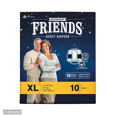 Friends Overnight Adult Diapers Tape Style - 10 Count (Extra Large) with odour lock and Anti-Bacterial Absorbent Core- Waist Size 121.92-172.72cm ; 46-68 inches