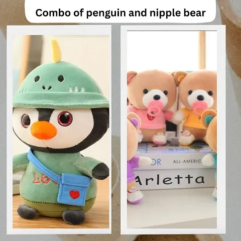 Green Colour Penguin Soft Toy  With Nipples Bear Soft Toy Combo Set