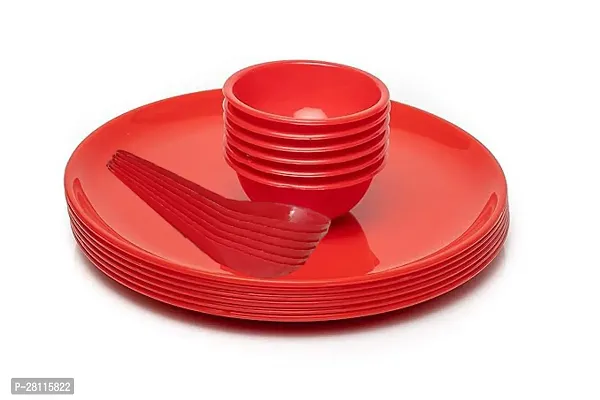 Plastic Plate Bowl Dinner Set 18 PCS Microwave Safe Unbreakable Round Dinner Set Big Plates 6 , 6 Spoon  6 Pcs Katori, Made in India Set of 18