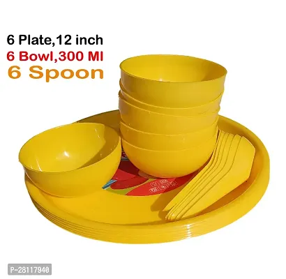 Indian**Plastic Round Colorful Set of 18 Pcs / 6 Plate,6 Bowl ,6 Spoon Dinner Plates for Families, Daily Use, Parties, Unbreakable, Kid Friendly, Microwave Safe, Dishwasher Safe