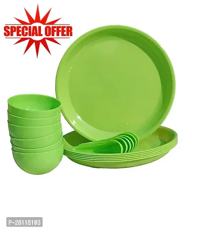 INDIAN **Plastic 18 Pcs Dinner Set 6 Plate  6 Bowls  6 Spoonfor Breakfast | Lunch | Dinner Plates | Round Shape | Green Color