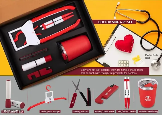 Doctor Mug Set- Folding Coat Hanger, Lint Remover, Folding Scissors, Mobile/Tablet Stand, Pen/Pencil Combo, Stainless Steel Mug | 6 Pc Set
