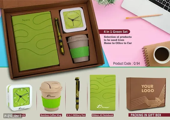 4 In 1 Green Set- Bamboo Coffee Mug, 6 In 1 Military Pen, Glow Clock And A5 Pu Notebook In Kraft Gift Box