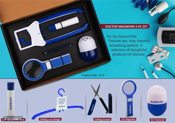 Doctor Magnifier Set- Folding Coat Hanger, Lint Remover, Folding Scissors, Led Magnifier, Capsule Shape Air Freshener | 5 Pc Set