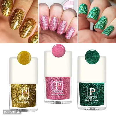 Classic Glitter Nail Polish Long Lasting Enamel Pack Of 3 ( Yellow,Dark Green,Light Pink)-thumb0
