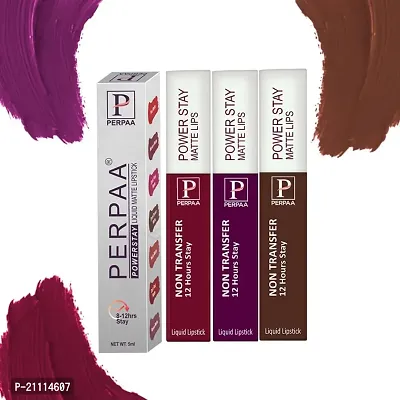 PERPAA? Powerstay Matte Liquid Lipstick Makeup, Long-Lasting Non Tranfer Smudgeproof  Waterproof Lipstick Combo of 3 colors 5 ml each (Grep wine, Cherry Red  Brown)
