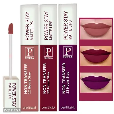 PERPAA? Powerstay Matte Liquid Lipstick Makeup, Long-Lasting Non Tranfer Smudgeproof  Waterproof Lipstick Combo of 3 colors 5 ml each (Grep wine, Cherry Red  Nude)