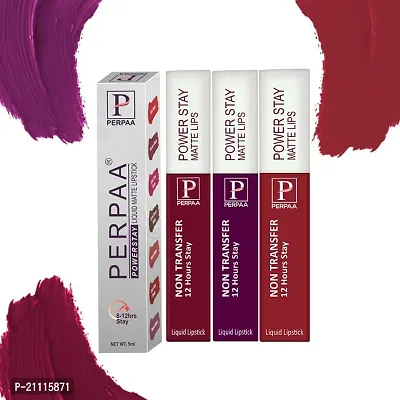 PERPAA? Powerstay Matte Liquid Lipstick Makeup, Long-Lasting Non Tranfer Smudgeproof  Waterproof Lipstick Combo of 3 colors 5 ml each (Grep wine, Cherry Red  Apple Red)