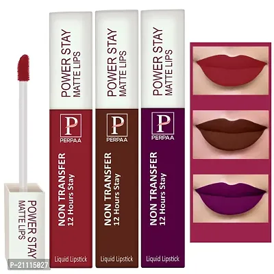 PERPAA? Powerstay Matte Liquid Lipstick Makeup, Long-Lasting Non Tranfer Smudgeproof  Waterproof Lipstick Combo of 3 colors 5 ml each (Grep Wine, Brown  Apple Red)