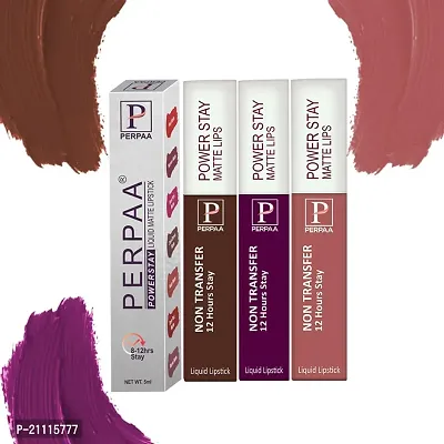 PERPAA? Powerstay Matte Liquid Lipstick Makeup, Long-Lasting Non Tranfer Smudgeproof  Waterproof Lipstick Combo of 3 colors 5 ml each (Grep Wine, Brown  Nude)