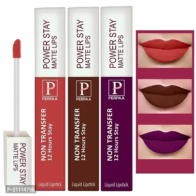PERPAA? Powerstay Matte Liquid Lipstick Makeup, Long-Lasting Non Tranfer Smudgeproof  Waterproof Lipstick Combo of 3 colors 5 ml each (Flirty Red, Grep wine  Brown)