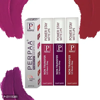 PERPAA? Powerstay Matte Liquid Lipstick Makeup, Long-Lasting Non Tranfer Smudgeproof  Waterproof Lipstick Combo of 3 colors 5 ml each (Grep Wine,Dark Pink  Apple Red)